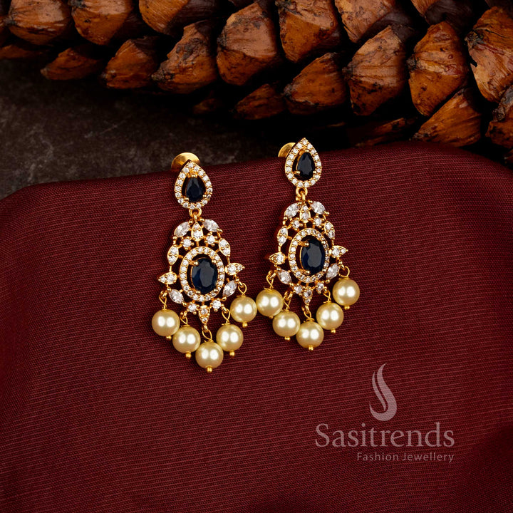 Elegant Micro Gold Plated Chandelier Earrings with Sparkling AD Stonework and Pearl Fringe - Sasitrends