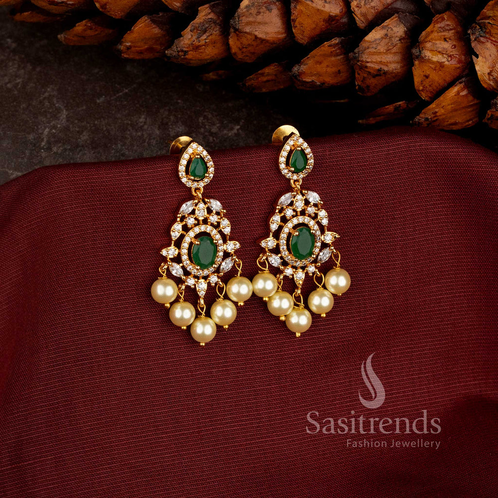 1. Elegant Micro Gold Plated Chandelier Earrings with Sparkling AD Stonework and Pearl Fringe - Sasitrends