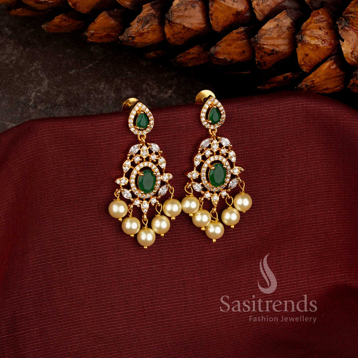 1. Elegant Micro Gold Plated Chandelier Earrings with Sparkling AD Stonework and Pearl Fringe - Sasitrends