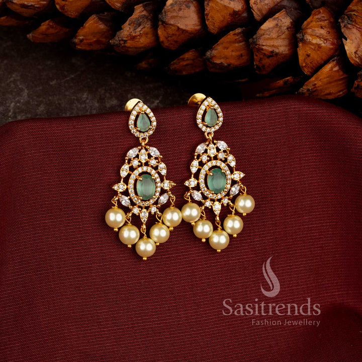  Elegant Micro Gold Plated Chandelier Earrings with Sparkling AD Stonework and Pearl Fringe - Sasitrends