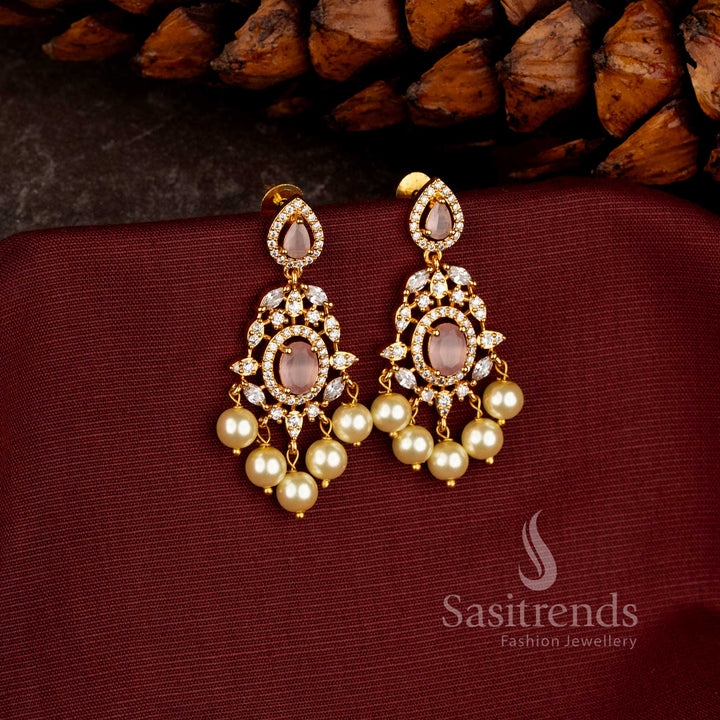 Dazzling One Gram 24K Micro Gold Plated American Diamond Chandelier Earrings with Centre Stone and Pearl Drops - Sasitrends