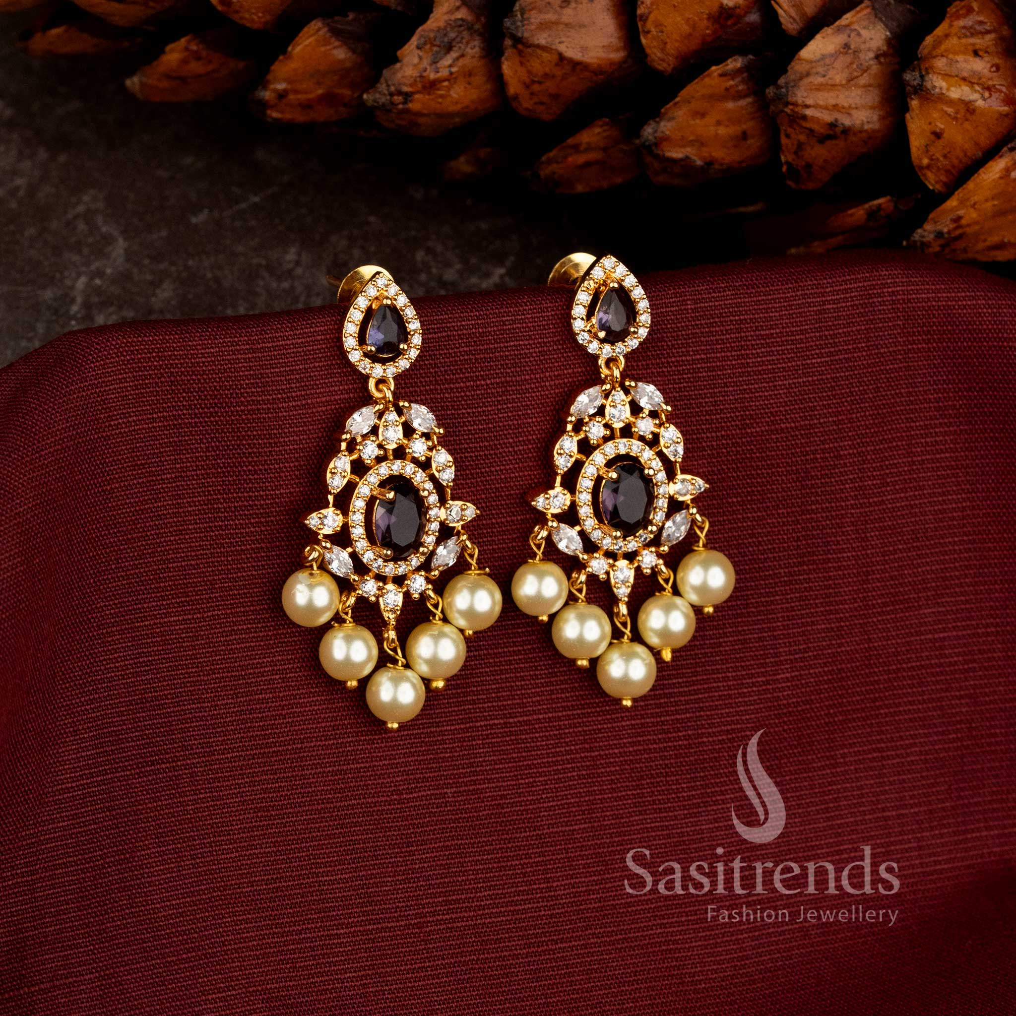 Micro Gold Plated Chandelier Earrings with Sparkling AD Stonework and Pearl Fringe - Sasitrends