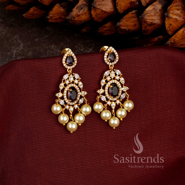 Micro Gold Plated Chandelier Earrings with Sparkling AD Stonework and Pearl Fringe - Sasitrends