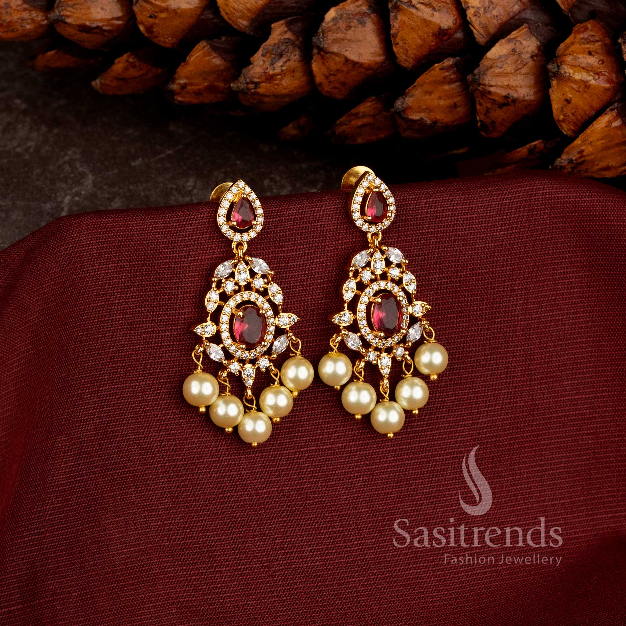 Traditional Micro Gold Plated AD Stone Chandelier Earrings with Pearl Cluster Hangings - Sasitrends