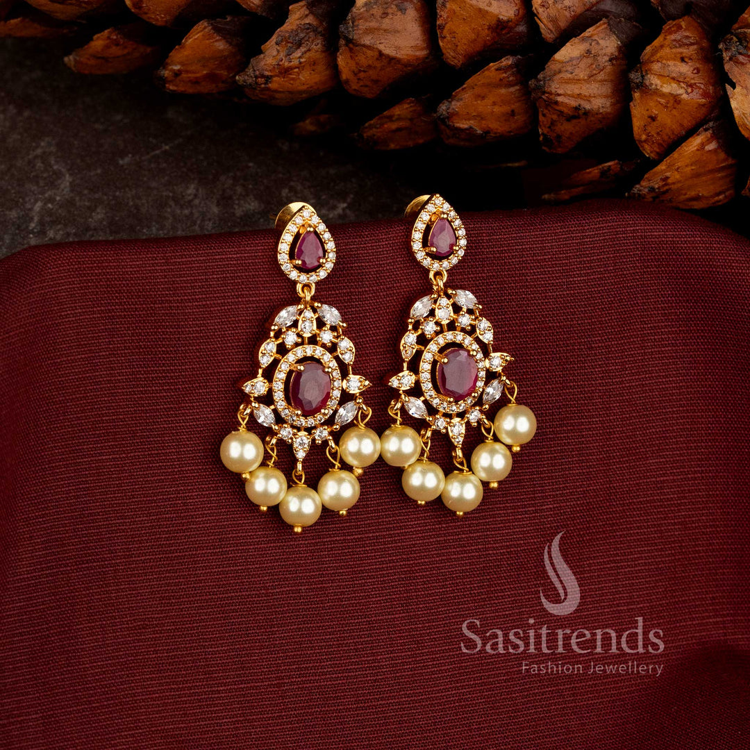 Dazzling One Gram 24K Micro Gold Plated American Diamond Chandelier Earrings with Centre Stone and Pearl Drops - Sasitrends