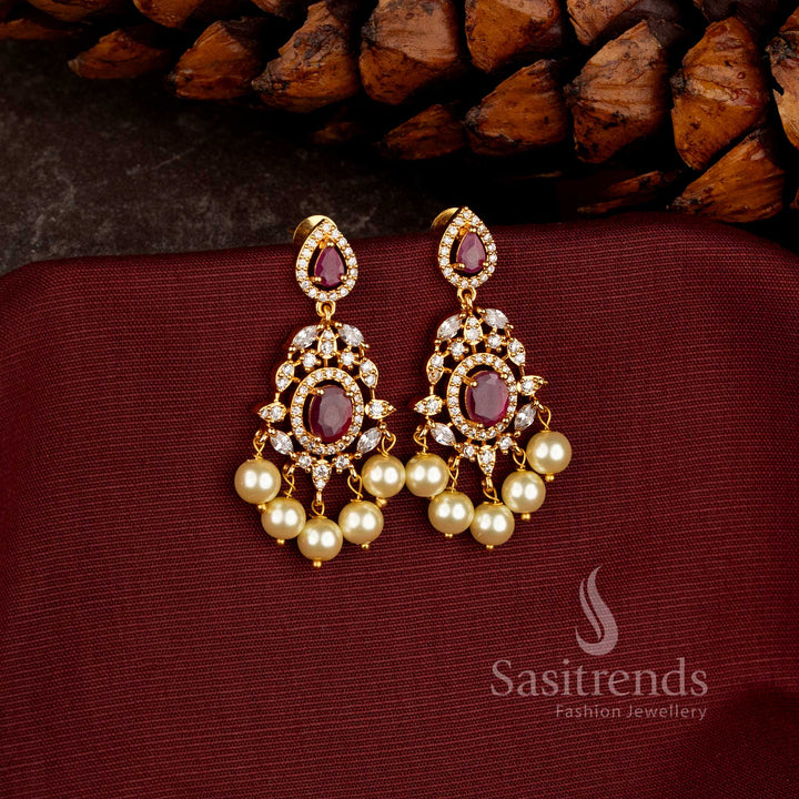 Dazzling One Gram 24K Micro Gold Plated American Diamond Chandelier Earrings with Centre Stone and Pearl Drops - Sasitrends