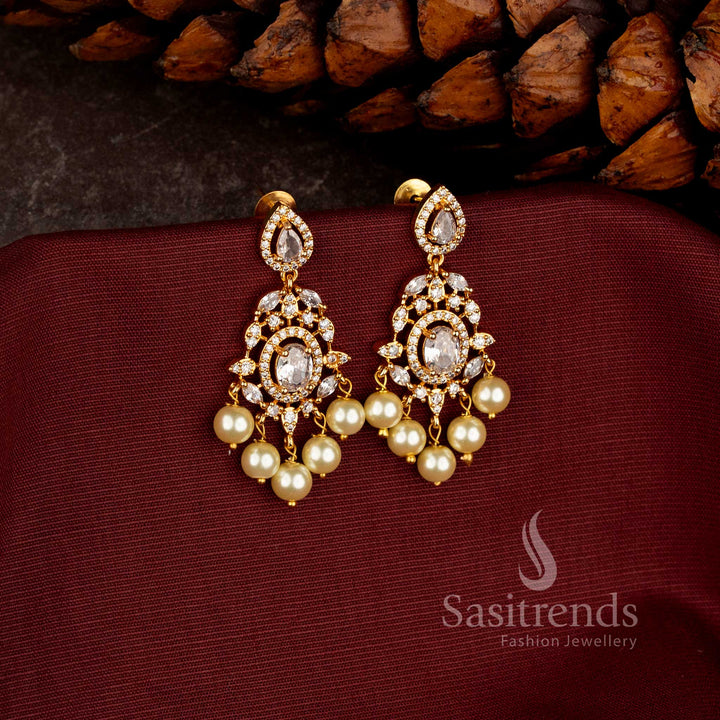 Traditional Micro Gold Plated AD Stone Chandelier Earrings with Pearl Cluster Hangings - Sasitrends