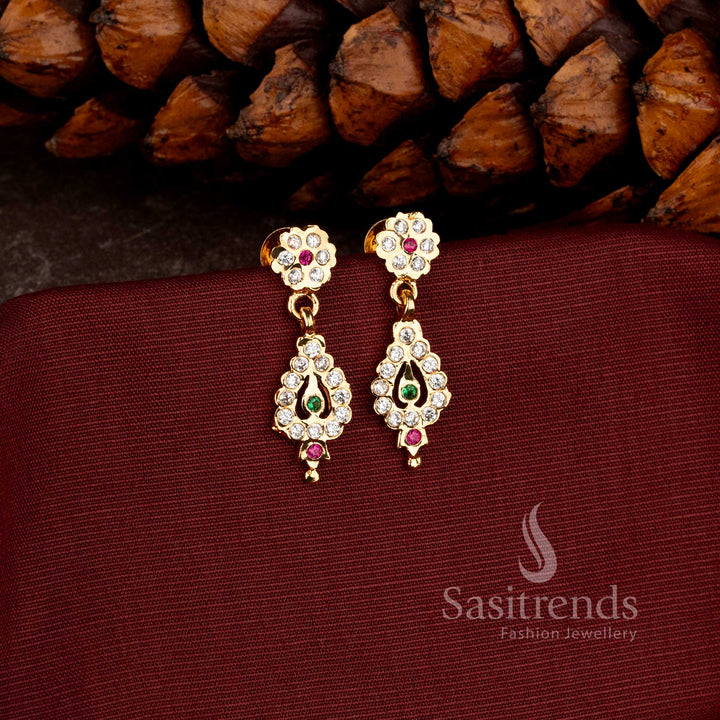 Traditional Impon One Gram Micro Gold Plated Floral Top Teardrop Earrings with Sparkling AD Stonework