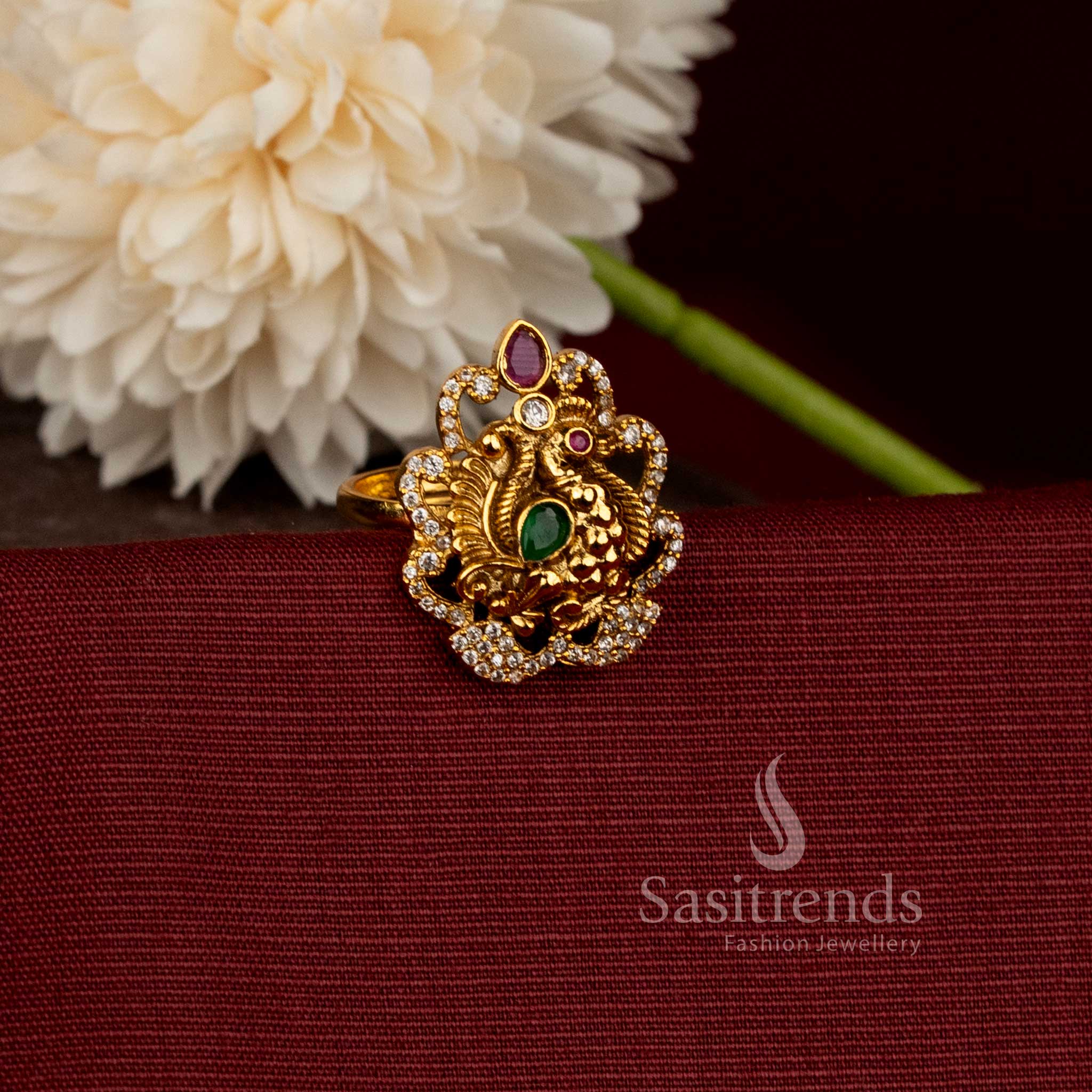 Elegant Matte Gold Plated Peacock Jewellery Ring with Intricate AD Stone Detailing - Sasitrends