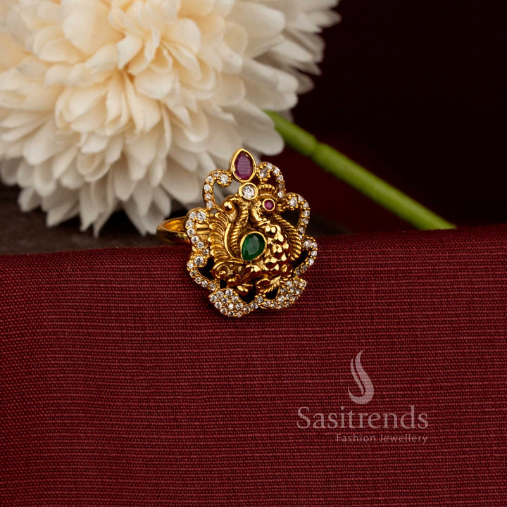 Traditional Matte Gold Plated Peacock Floral Adjustable Ring with Sculpted Peacock Detailing, AD Stone Halo & Accent Stones - Sasitrends