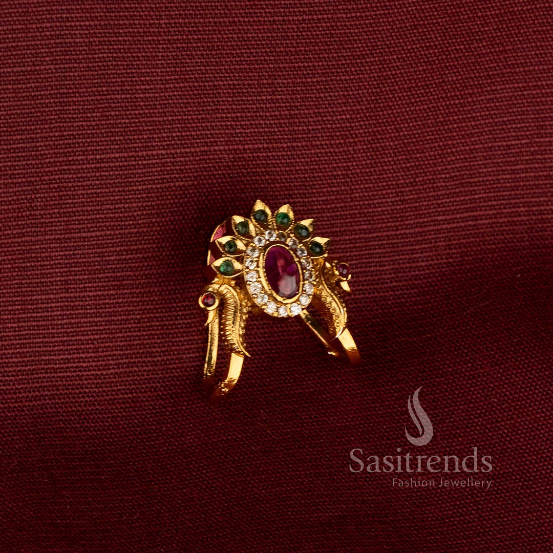 Adjustable Matte Gold Plated Vanki Ring with Peacock Motif and AD Stone Detailing - Sasitrends