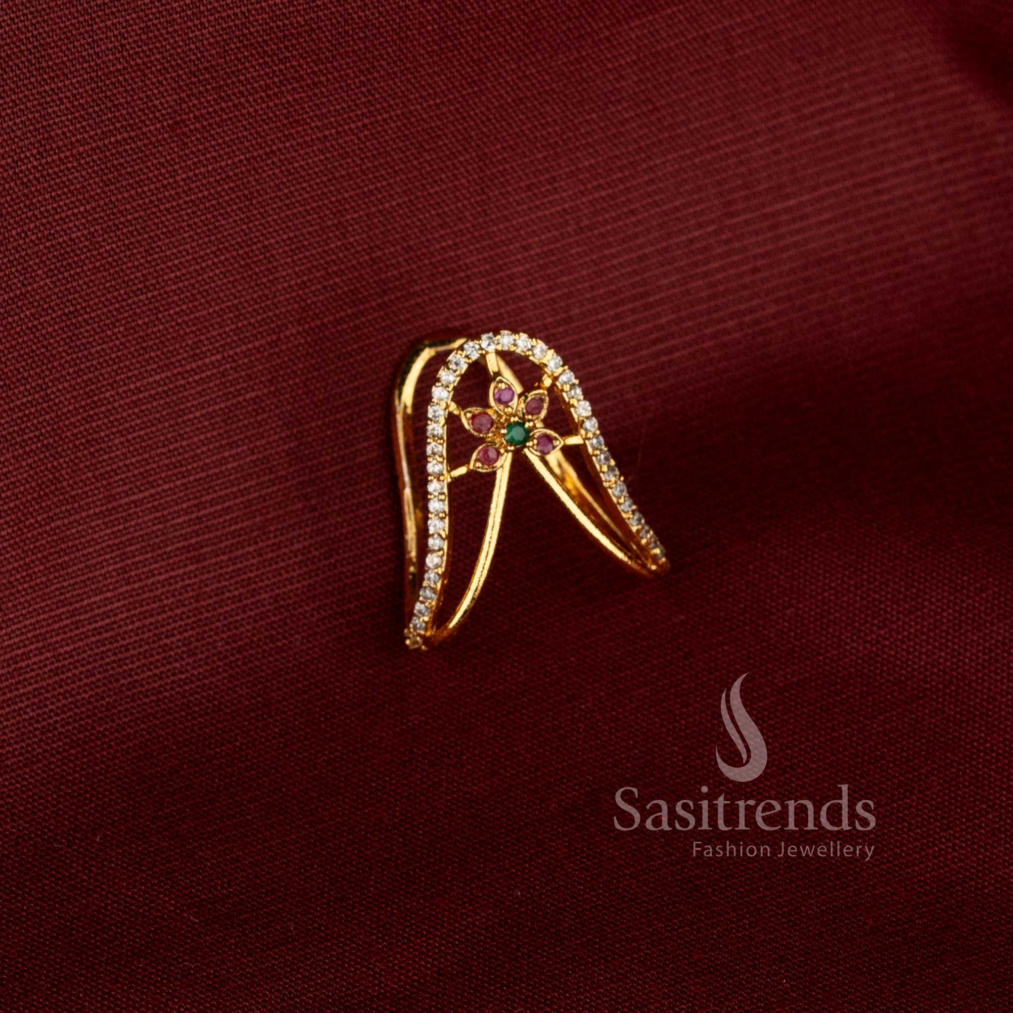 Traditional Matte Gold Plated V-Shaped Floral Vanki Ring with Sparkling AD Stone Border - Sasitrends