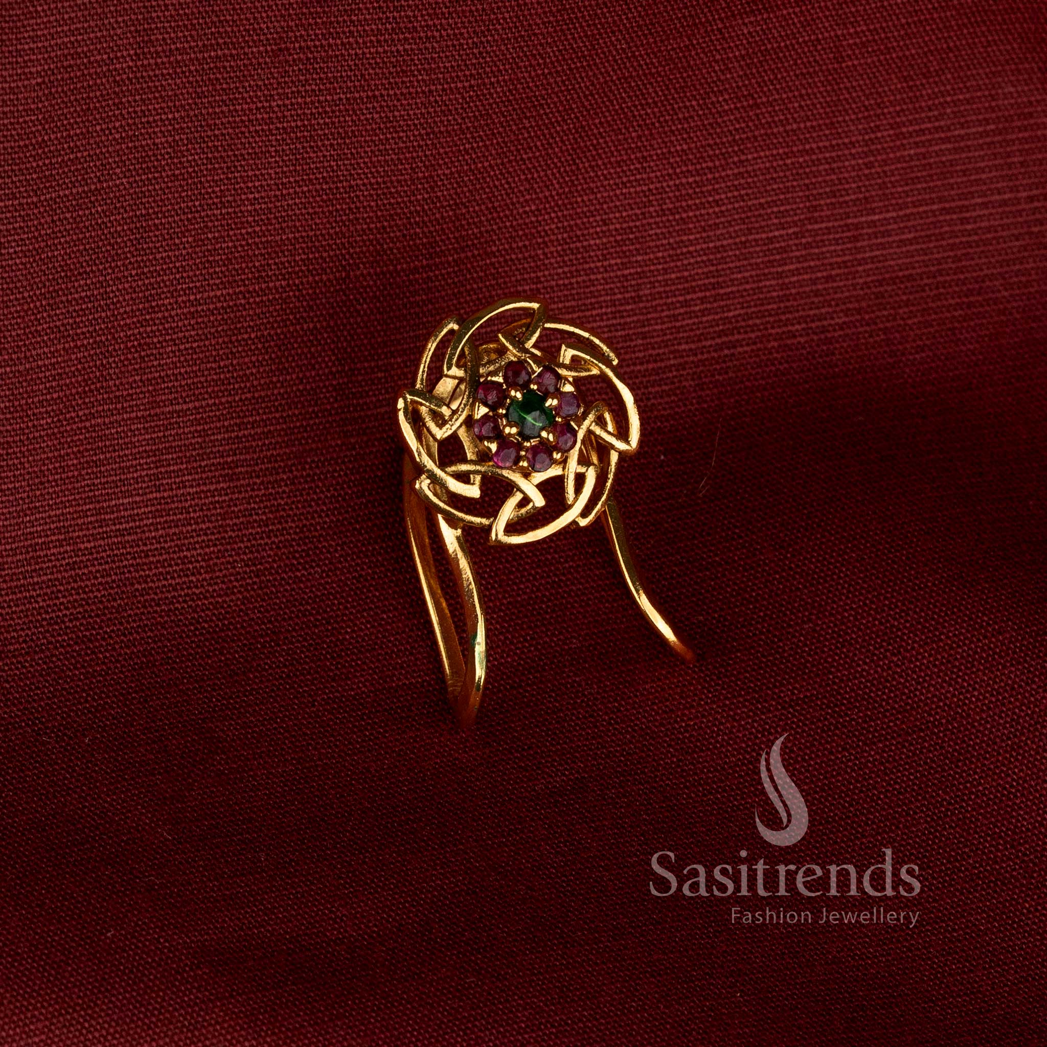 Traditional Matte Gold Plated Swirling Floral Vanki Ring with Interlocked Filigree Loops - Sasitrends