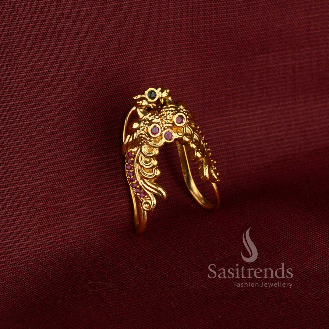 Matte Gold Plated Peacock Motif Vanki Ring with Stone Accents - Sasitrends