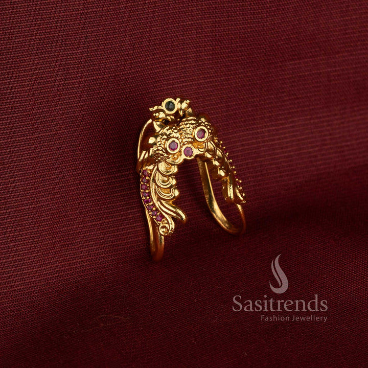 Traditional Matte Gold Plated Peacock Vanki AD Stone Finger Ring with Curved Filigree Detailing - Sasitrends