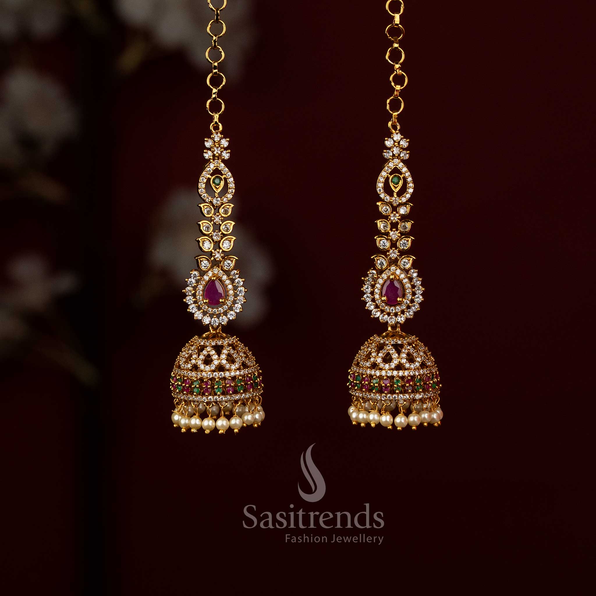 Elegant Matte Gold Plated Dome Jhumkas with AD Stonework, Mattals and Pearl Cluster Drops - Sasitrends