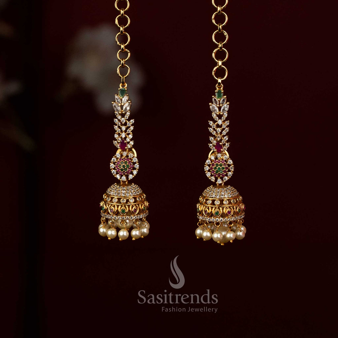 Beautiful Matte Gold Plated Dome Jhumkas with Leaf Floral Detailing, Mattals and Pearl Cluster Drops - Sasitrends