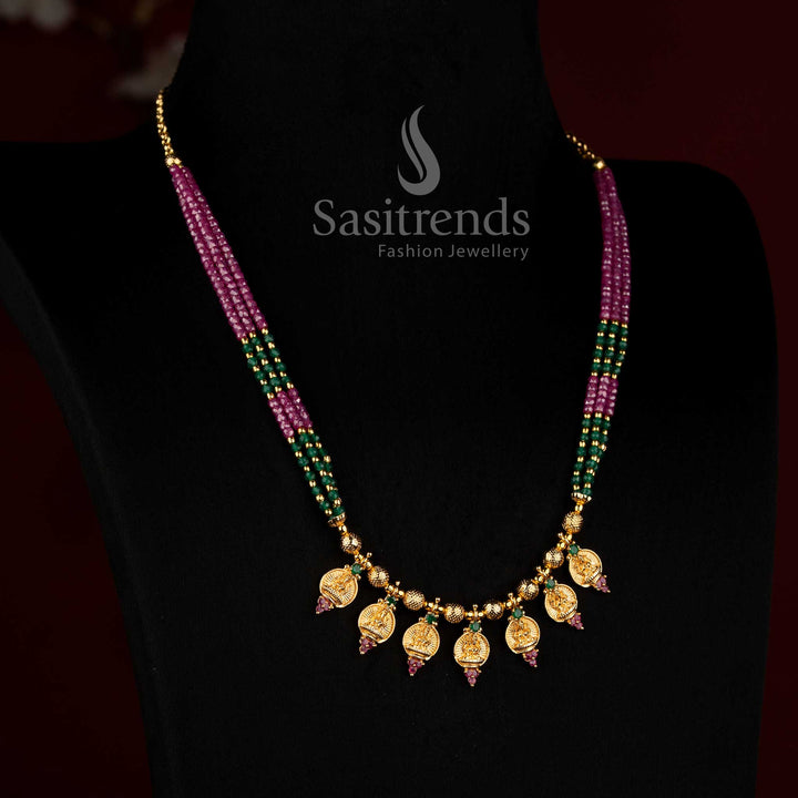 Sasitrends traditional South Indian Lakshmi pendant necklace featuring multiple Cubic Zirconia American Diamond bead strands and seven detailed Goddess Lakshmi charms for saree styling