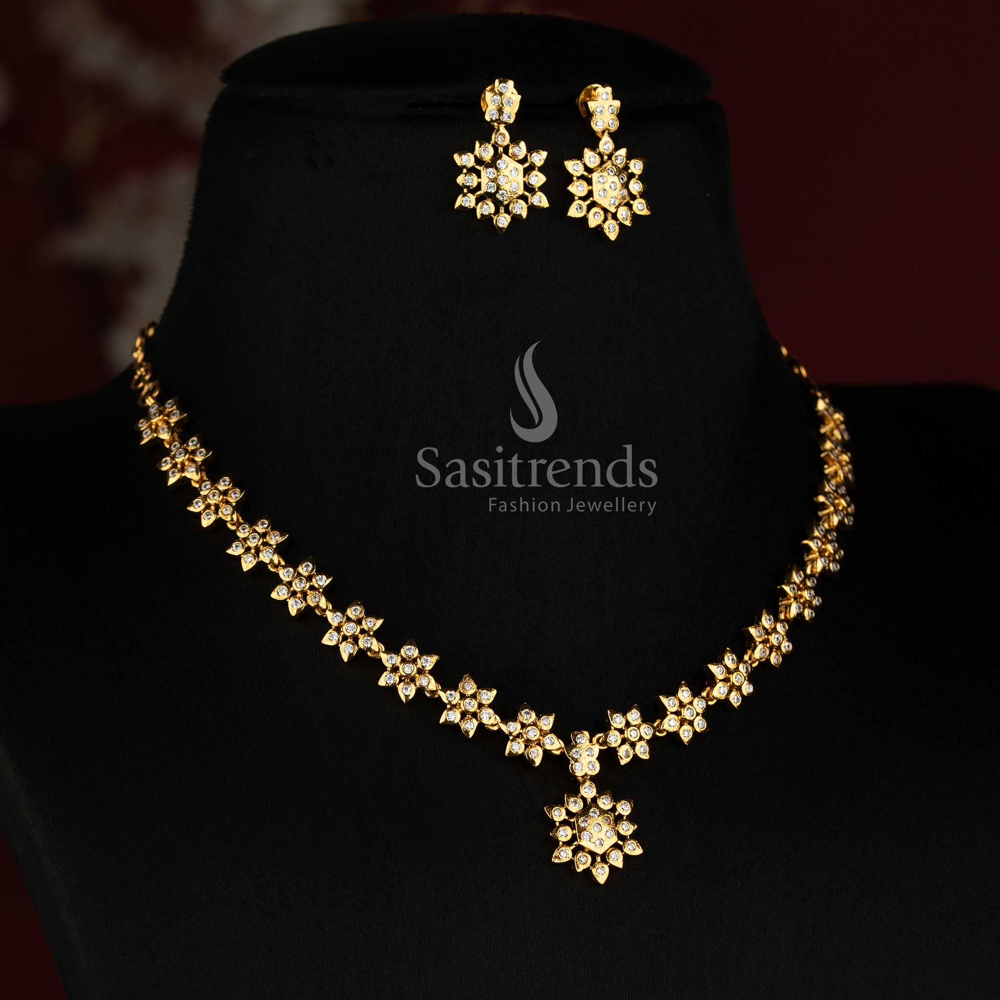 Impon Matte Gold Plated AD Necklace Set for Festive and Traditional Wear - Sasitrends