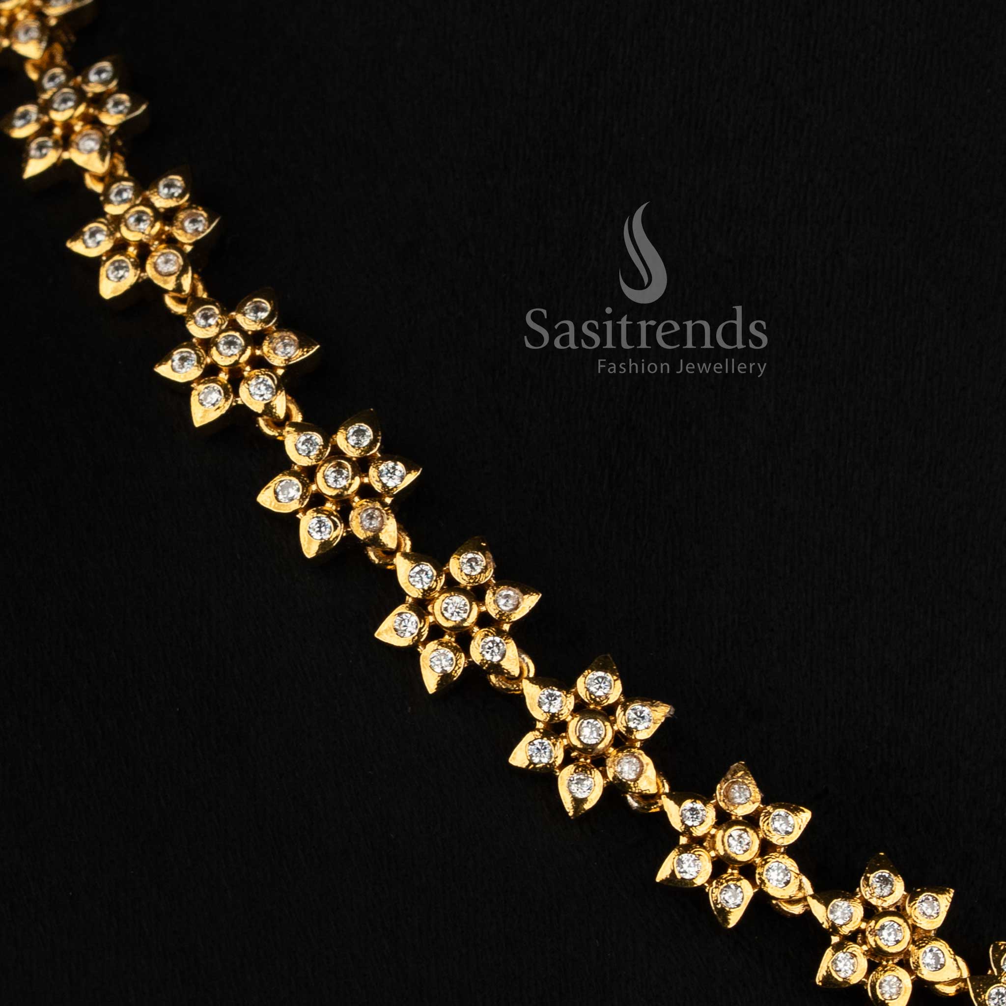 Impon Matte Gold Plated Floral AD Necklace with Matching Earrings - Sasitrends