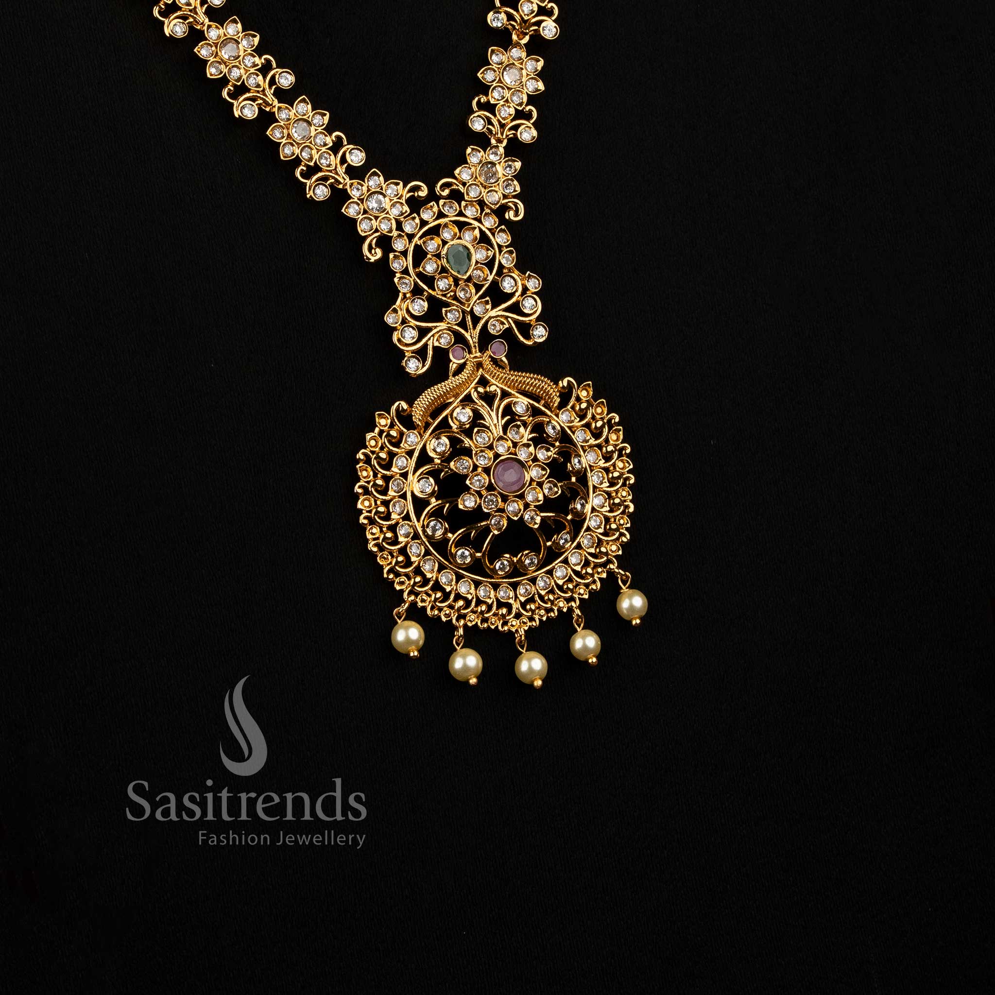 Matte Gold Plated American Diamond Peacock Floral Long Necklace Set with Matching Earrings - Sasitrends