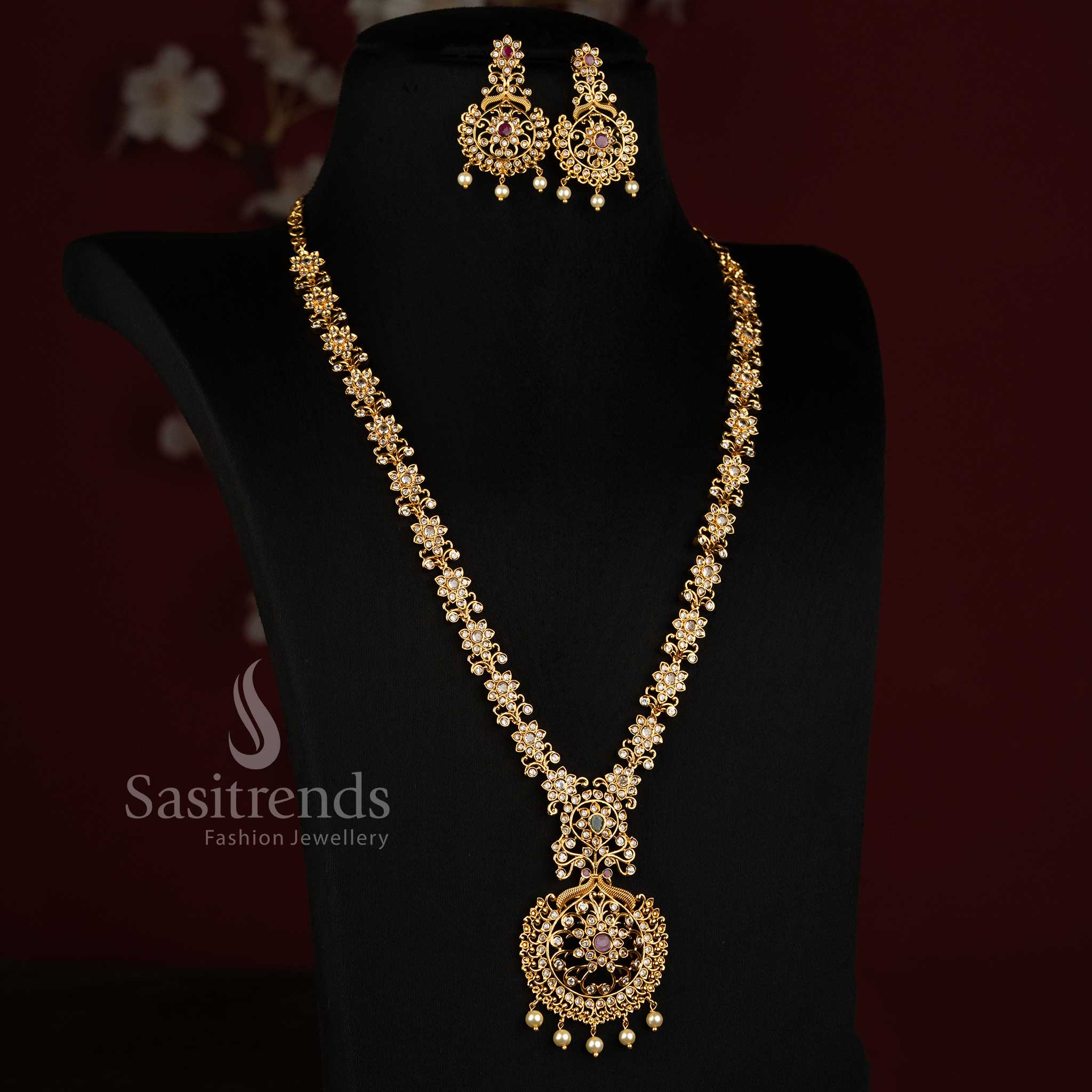 Matte Gold Plated American Diamond Peacock Floral Long Necklace Set with Matching Earrings - Sasitrends