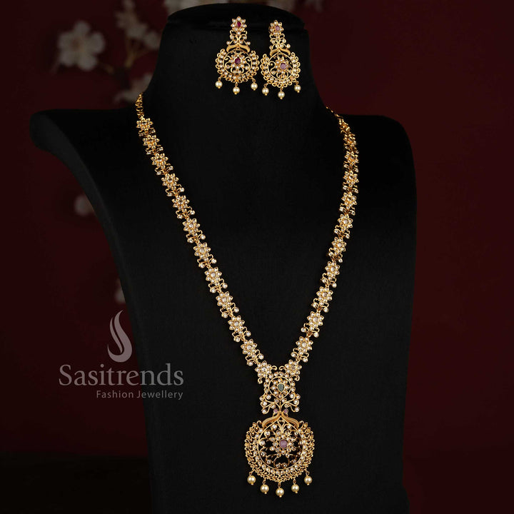 Grand Bridal Wear Matte Gold Plated Peacock Floral Long Necklace with Intricate AD Stone Detailing & Matching Drop Earrings - Sasitrends