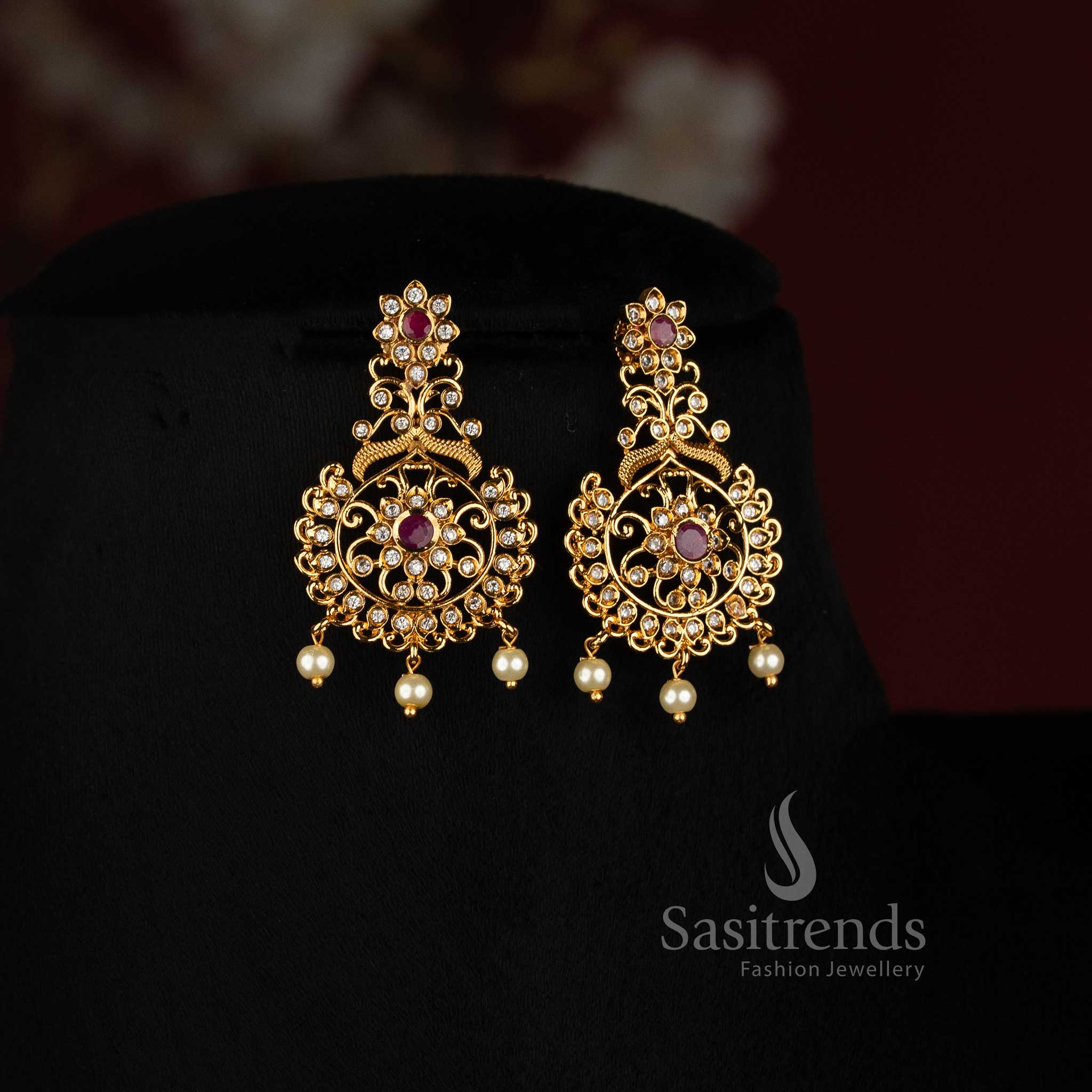 Matte Gold Plated Peacock Floral AD Necklace and Matching Earrings - Sasitrends