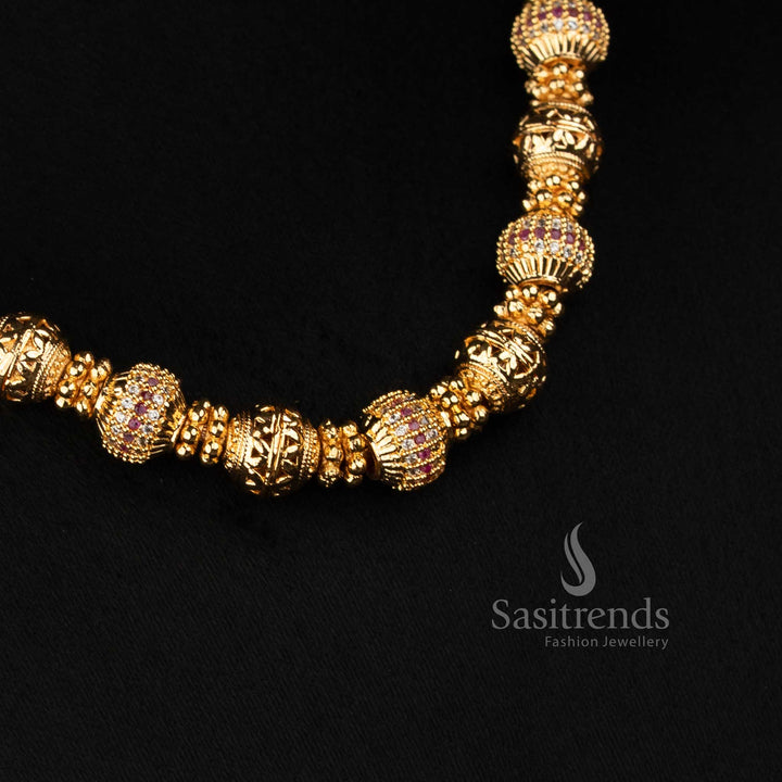 Traditional Micro Gold Plated Necklace with Ornamental Engraved Beads and Decorative Spacers - Sasitrends