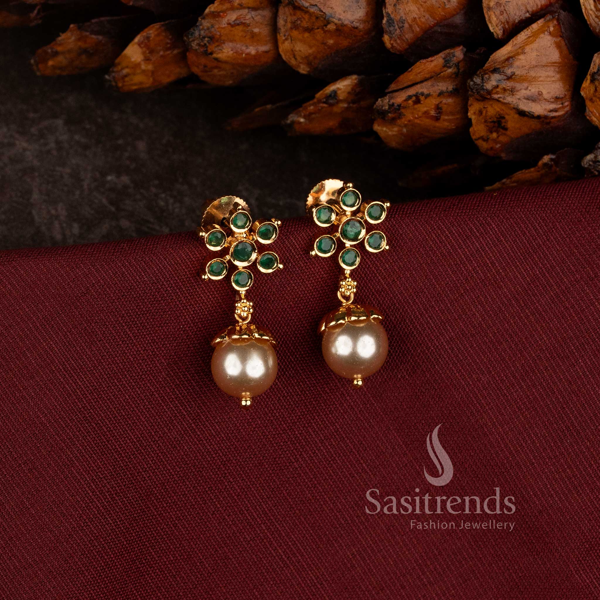  Beautiful Micro Gold Plated Floral Cluster Earrings with Pearl Drops for Sarees and Traditional Wear - Sasitrends