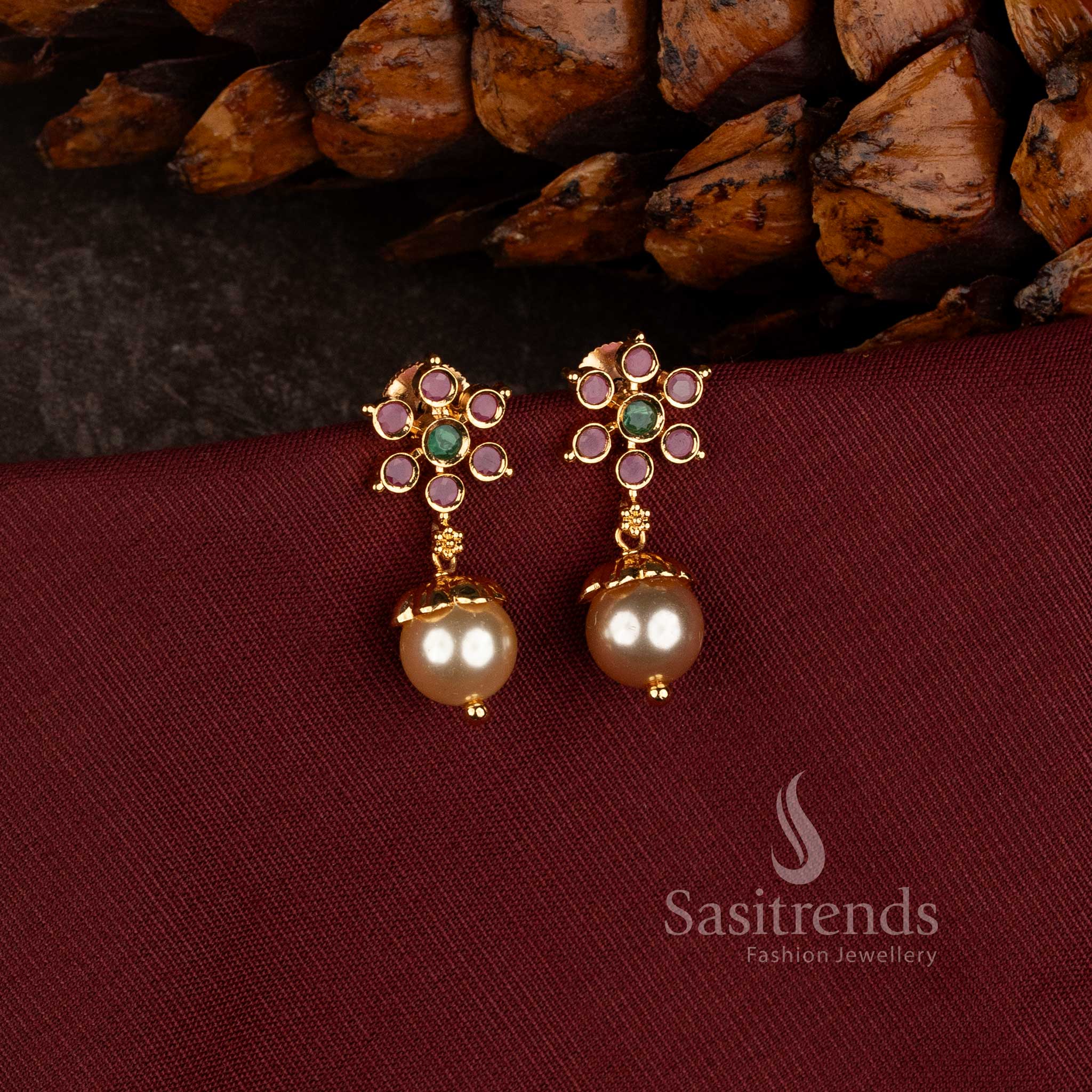 Micro Gold Plated Floral Stud Earrings with Sparkling AD Stones for Weddings and Festive Wear - Sasitrends
