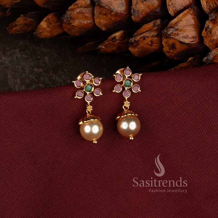 Micro Gold Plated Floral Stud Earrings with Sparkling AD Stones for Weddings and Festive Wear - Sasitrends