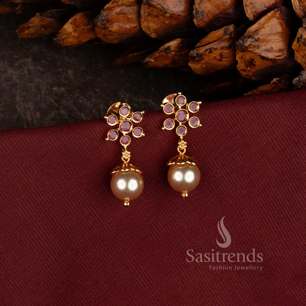 Micro Gold Plated Floral Stud Earrings with Sparkling AD Stones for Weddings and Festive Wear - Sasitrends