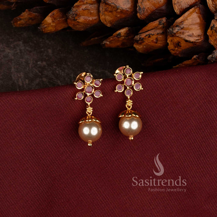 Micro Gold Plated Floral Stud Earrings with Sparkling AD Stones for Weddings and Festive Wear - Sasitrends