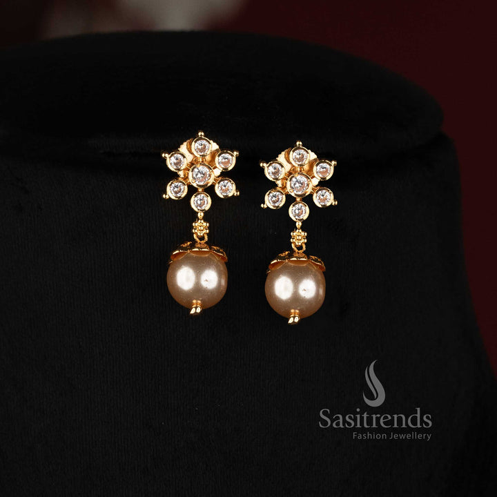 Stunning Micro Gold Plated Floral Cluster AD Stud Earrings with Round Pearl Drops - Sasitrends