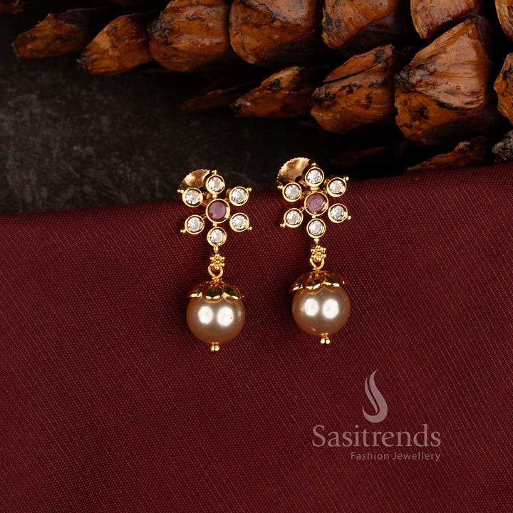 Micro Gold Plated Floral Stud Earrings with Sparkling AD Stones for Weddings and Festive Wear - Sasitrends