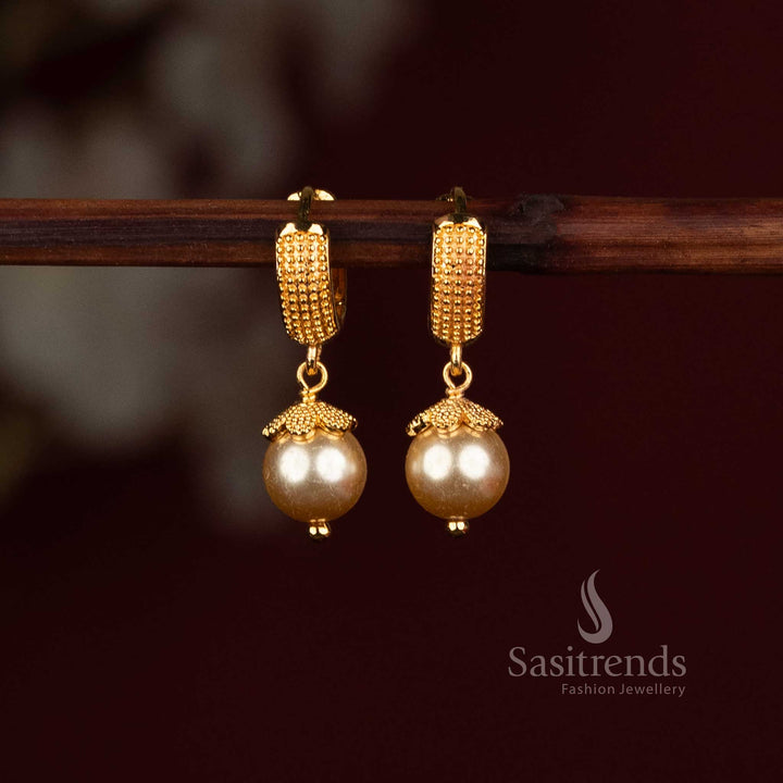 Amazing Micro Gold Plated Textured Hoop Earrings with Pearl Drop Dangling Design - Sasitrends