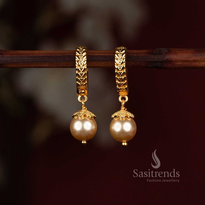 24K Micro Gold Plated Chevron Pattern Hoop Earrings with Pearl Drops - Real Gold Look - Sasitrends