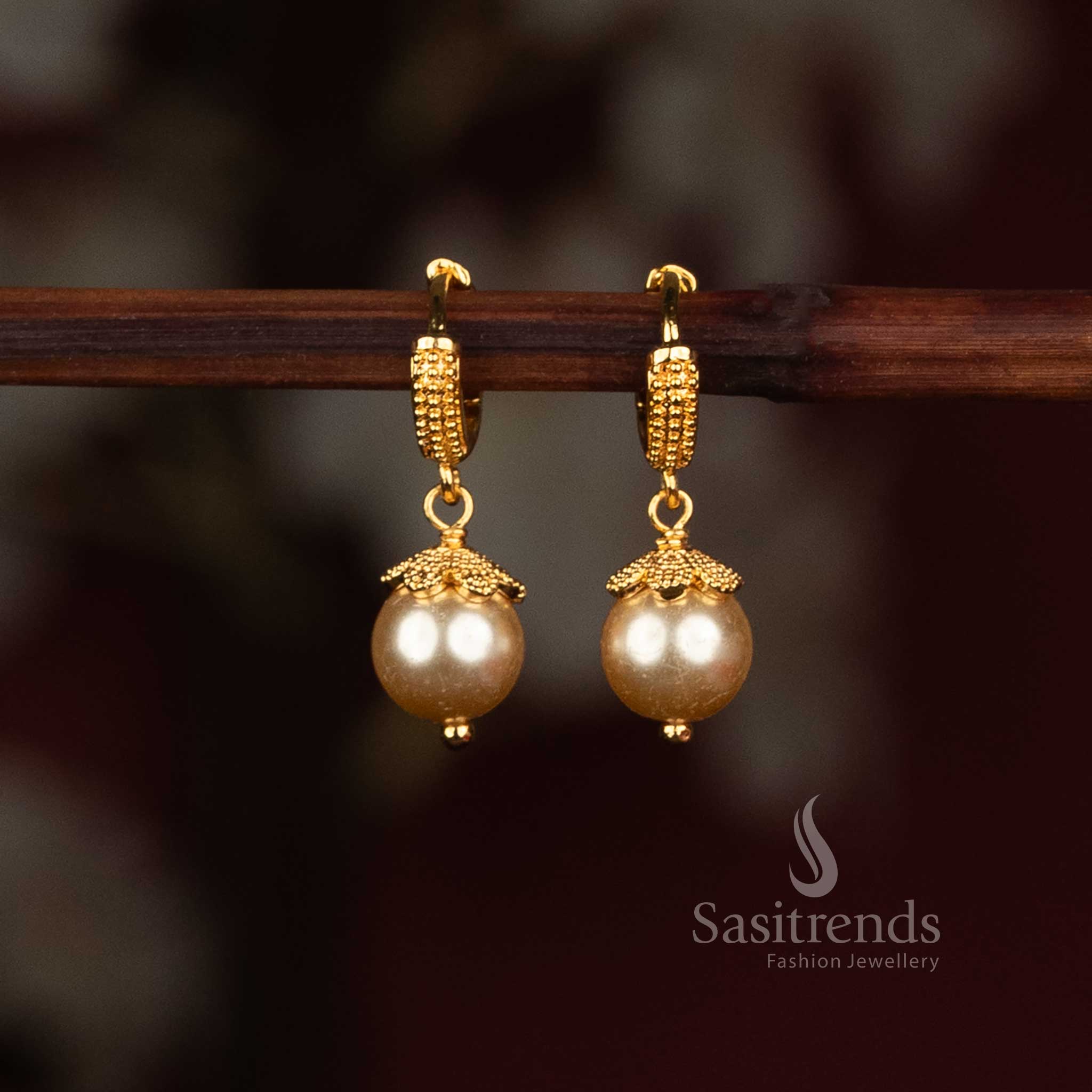 Traditional Micro Gold Plated Hoop Earrings with Decorative Floral Caps and Pearl Hangings - Sasitrends