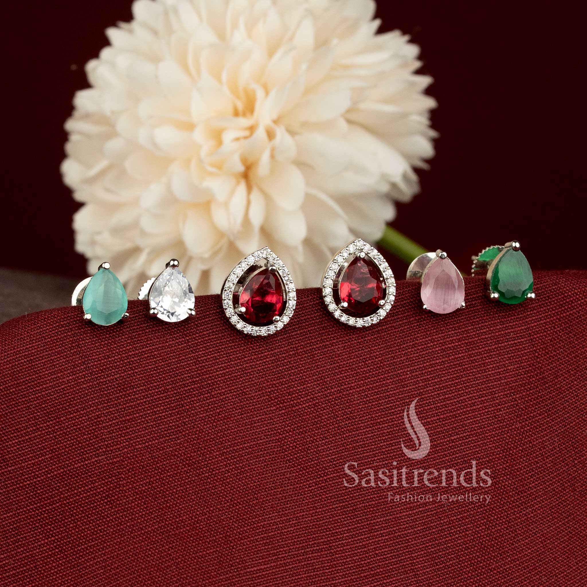 Versatile Silver Plated Pear and Square Stone Earrings for Sarees, Lehengas and Festive Outfits - Sasitrends