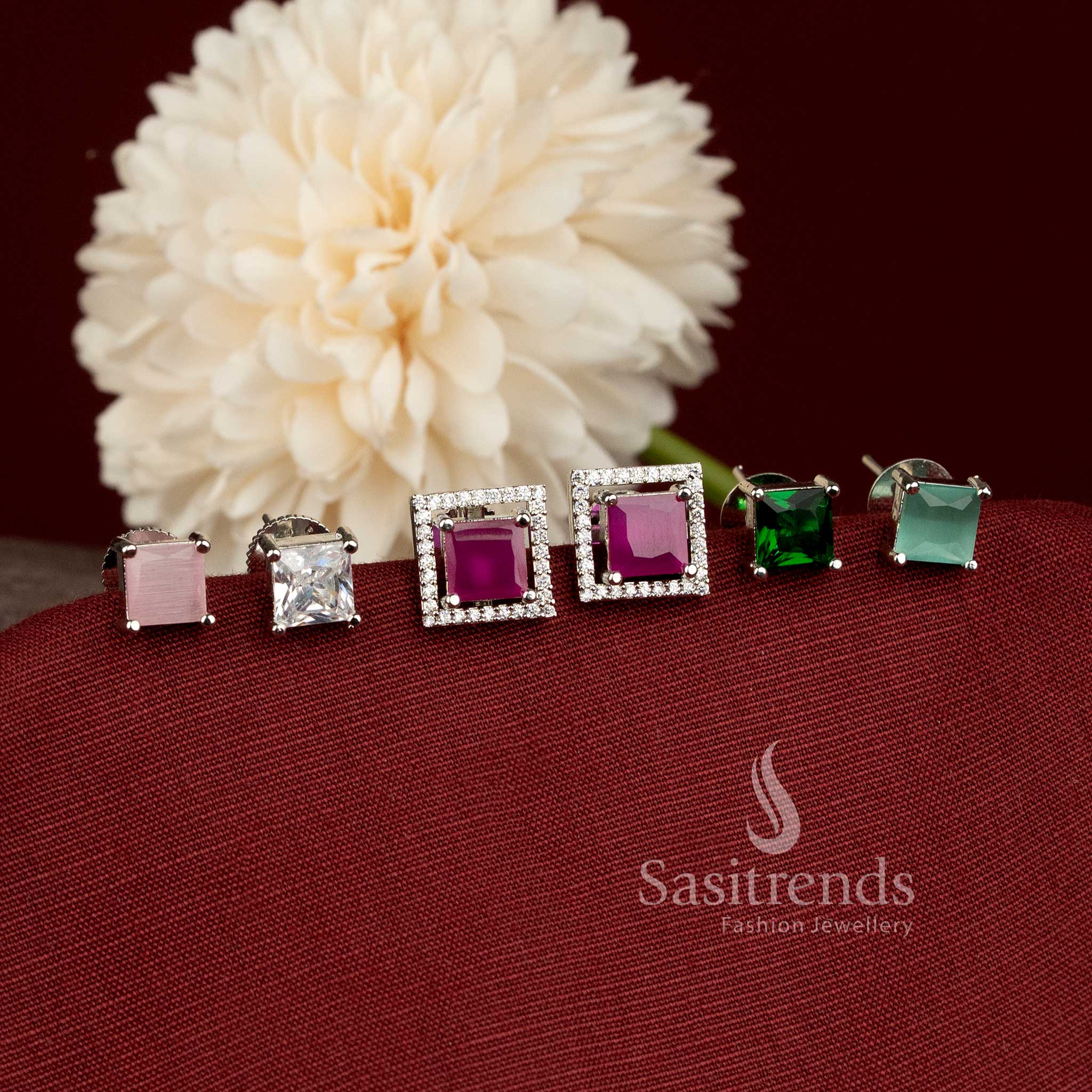 Stylish Silver Plated Changeable Stone Stud Earrings for Weddings, Parties and Special Occasions - Sasitrends