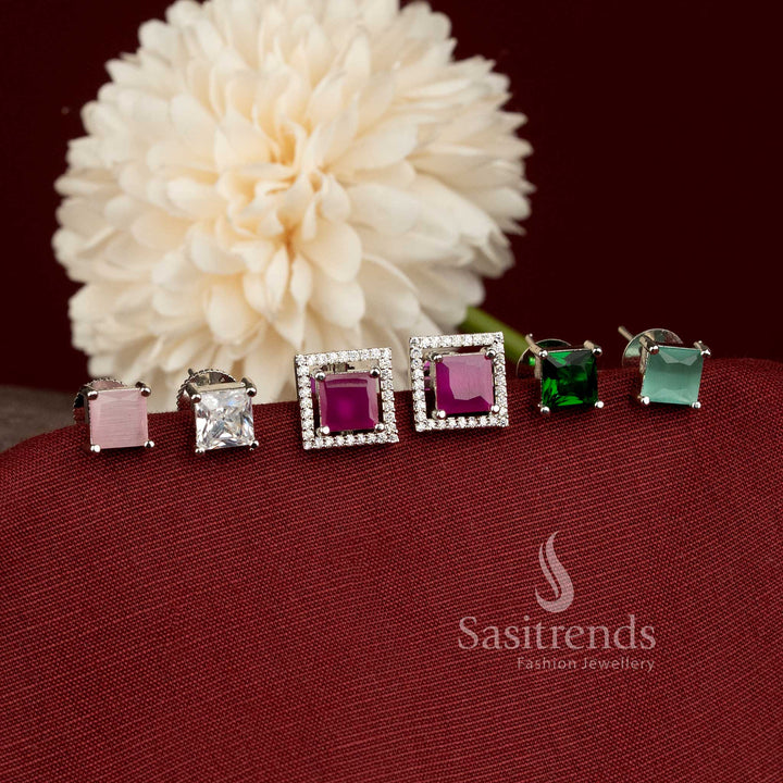 Stylish Silver Plated Changeable Stone Stud Earrings for Weddings, Parties and Special Occasions - Sasitrends