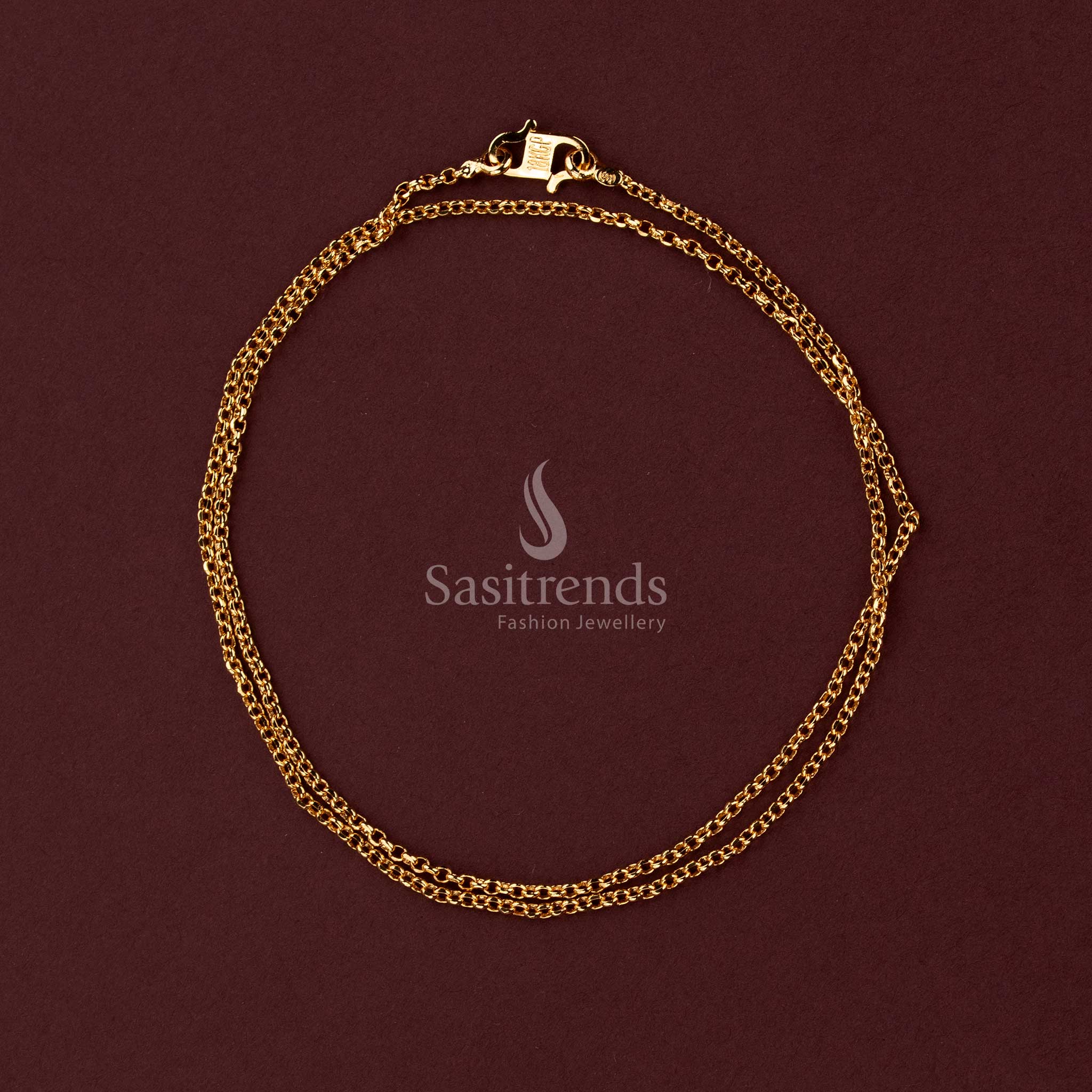 24K micro gold plated women's chain necklace featuring a continuous arrangement of closely interlinked oval-shaped links with an alternating twisted pattern and delicate golden finish