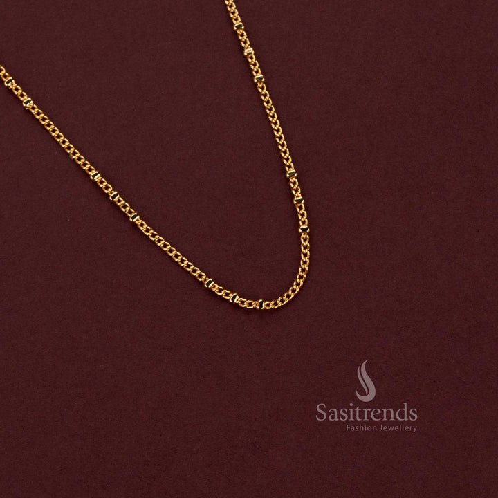 24K micro gold plated fine braided chain with tiny alternating diagonal golden links forming a continuous closely woven necklace pattern