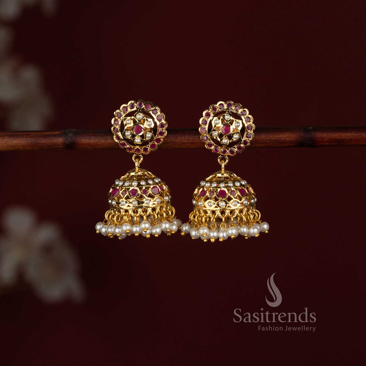 Traditional Matte Gold Plated Kundan Necklace with Intricate Leaf Patterns and Matching Drop Earrings - Sasitrends 