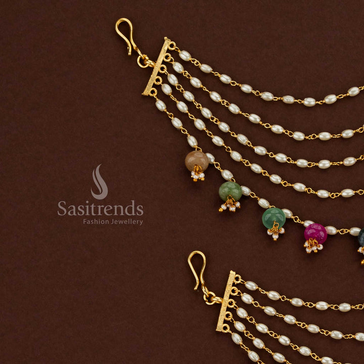 Classic gold plated layered pearl matil with ball drops designed for wedding celebrations and traditional beauty – Sasitrends