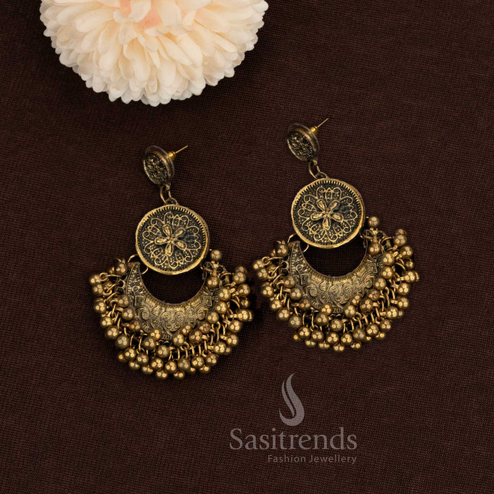 Regal oxidised Chandi Bali earrings showcasing floral stud detailing and a beaded arch with gold plated finish, crafted for traditional festive styling – Sasitrends
