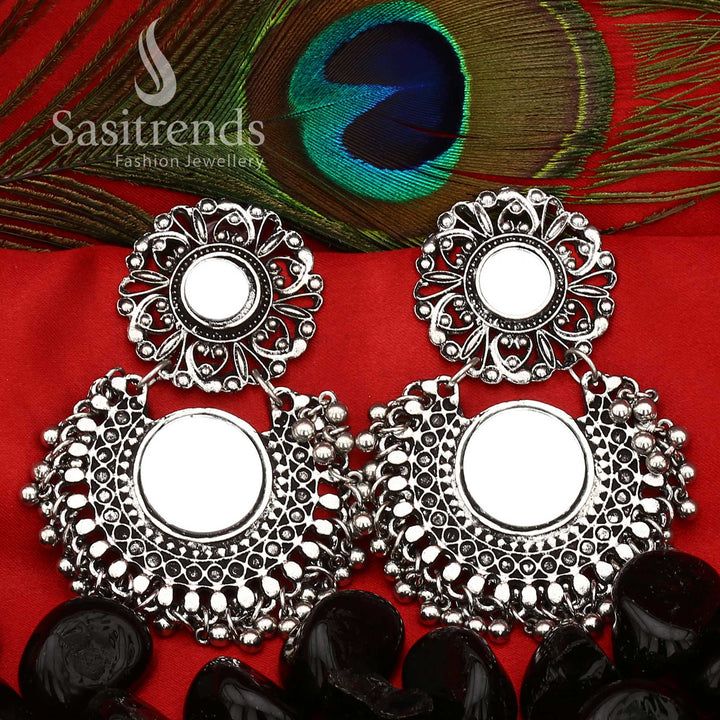 Oxidised Silver Glass Mirror Earrings With Floral Disc And Dome Design, Artisan Handcrafted Jewellery That Enhances Traditional Fusion Wear With Timeless Grace – Sasitrends