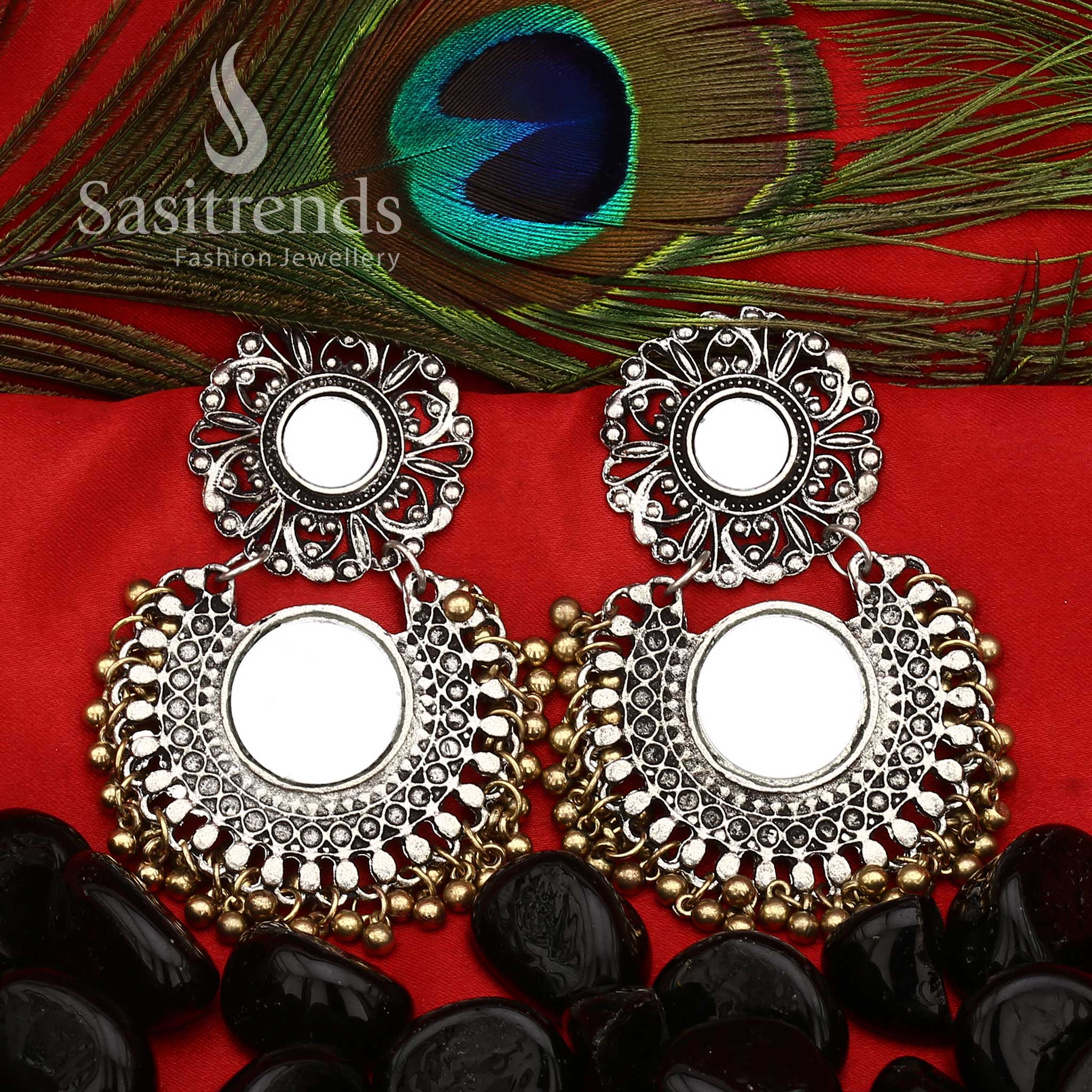 Elegant Dual-Tone Glass Mirror Earrings With Floral Disc And Dome Design, Luxurious Artisan Creation Designed To Elevate Women’s Festive Beauty – Sasitrends

