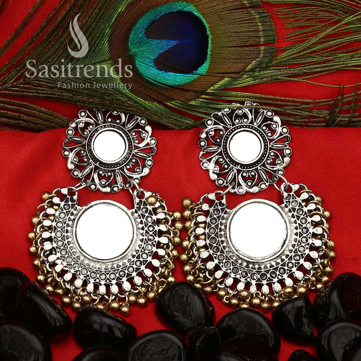 Elegant Dual-Tone Glass Mirror Earrings With Floral Disc And Dome Design, Luxurious Artisan Creation Designed To Elevate Women’s Festive Beauty – Sasitrends

